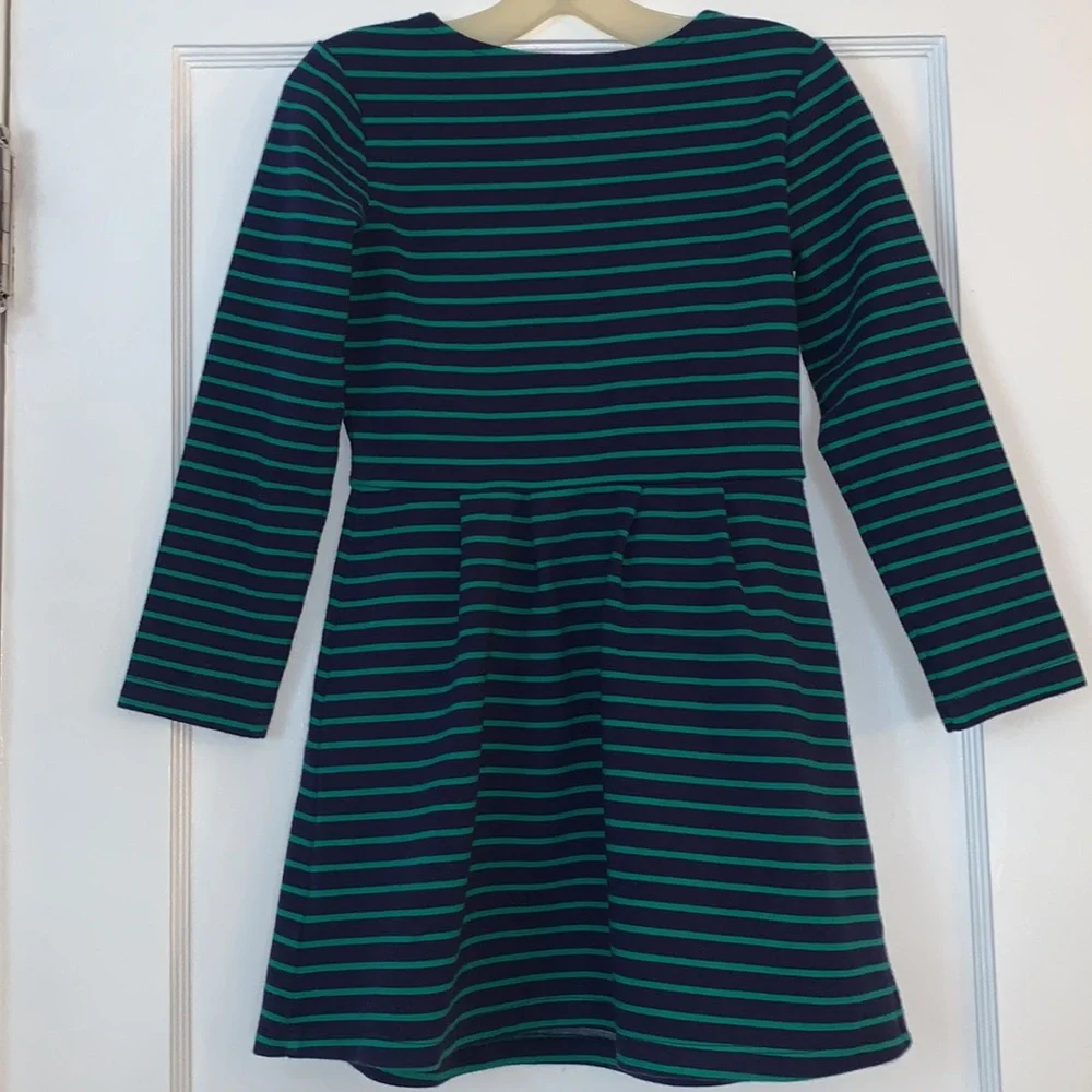 Gymboree Navy Blue & Green Striped Dress Long Sleeve Crew Neck Pockets 7/8 EUC